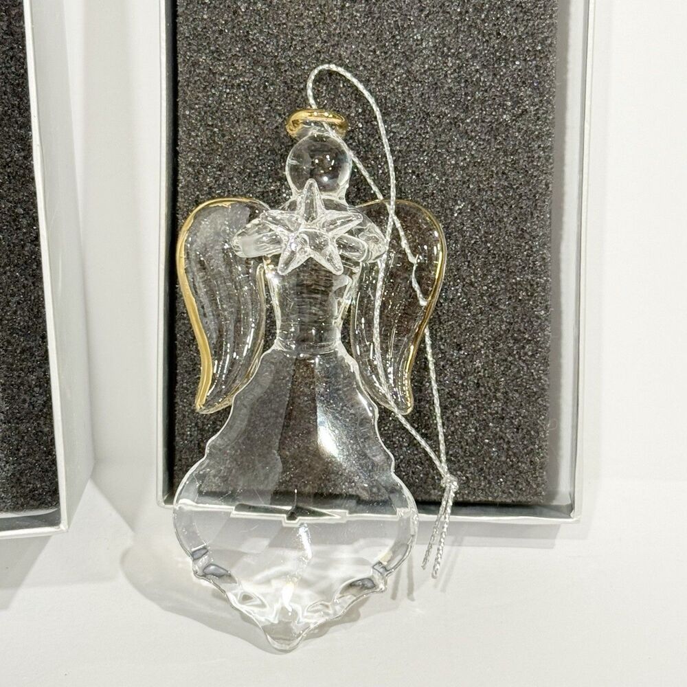 VTG Crystal Glass ANGEL ORNAMENT Chandelier Clear Prism Star Gold Halo Figurine